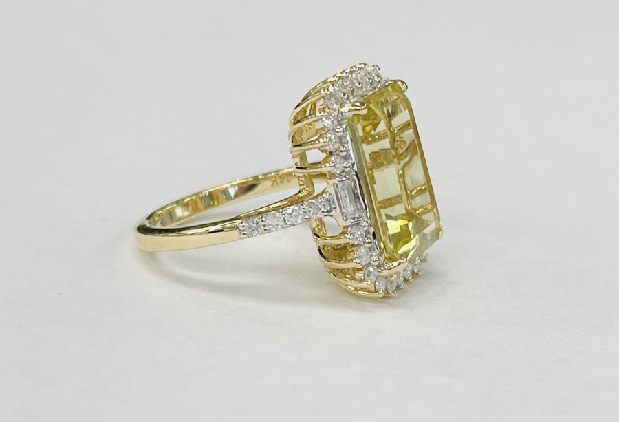 Yellow Gold Lemon Quartz Diamond Halo Ring