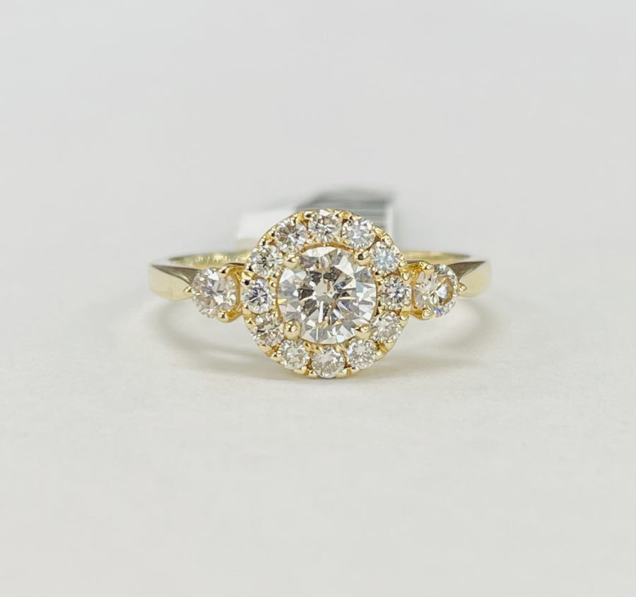 Halo Three Stone Yellow Gold Diamond Engagement Ring