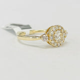 Halo Three Stone Yellow Gold Diamond Engagement Ring