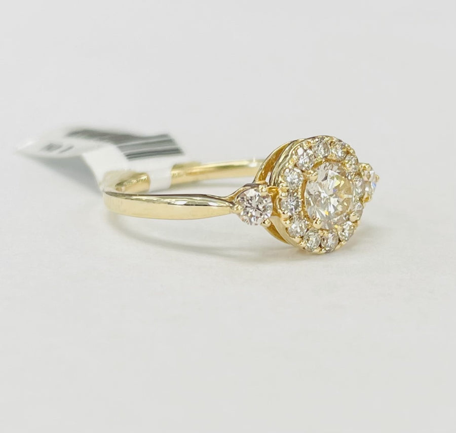 Halo Three Stone Yellow Gold Diamond Engagement Ring