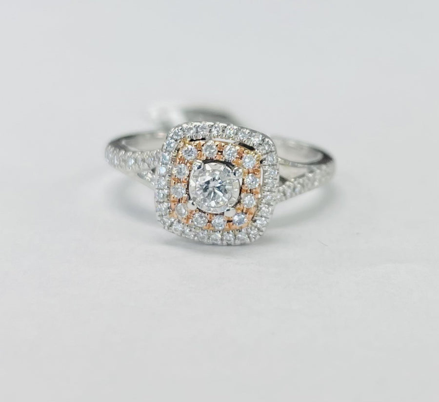 Two Toned Double Halo Split Shank Diamond Engagement Ring