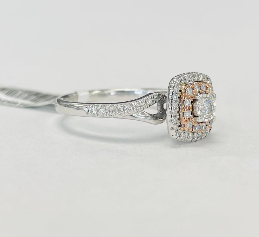 Two Toned Double Halo Split Shank Diamond Engagement Ring