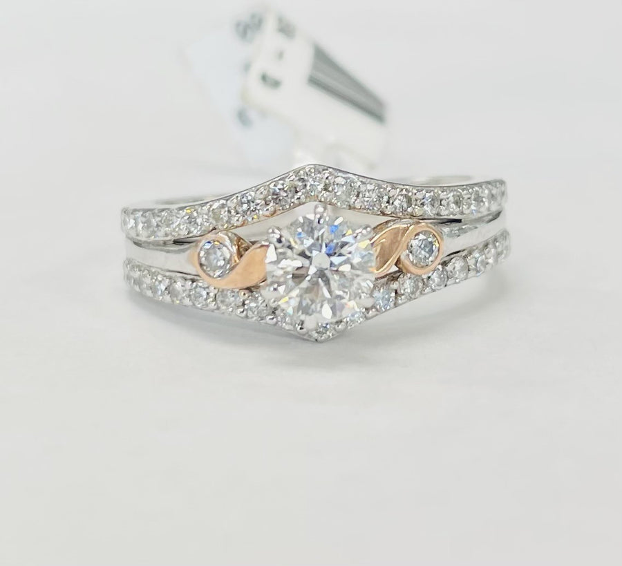White Gold Round Diamond Engagement Ring With Rose Accent