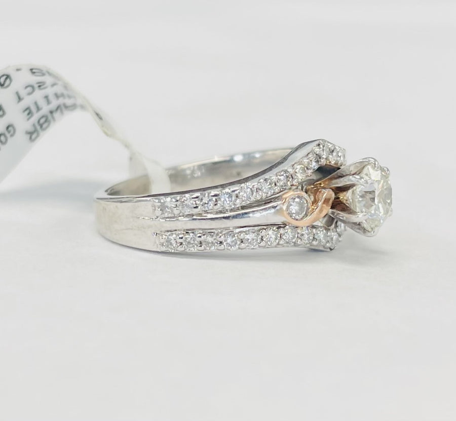 White Gold Round Diamond Engagement Ring With Rose Accent