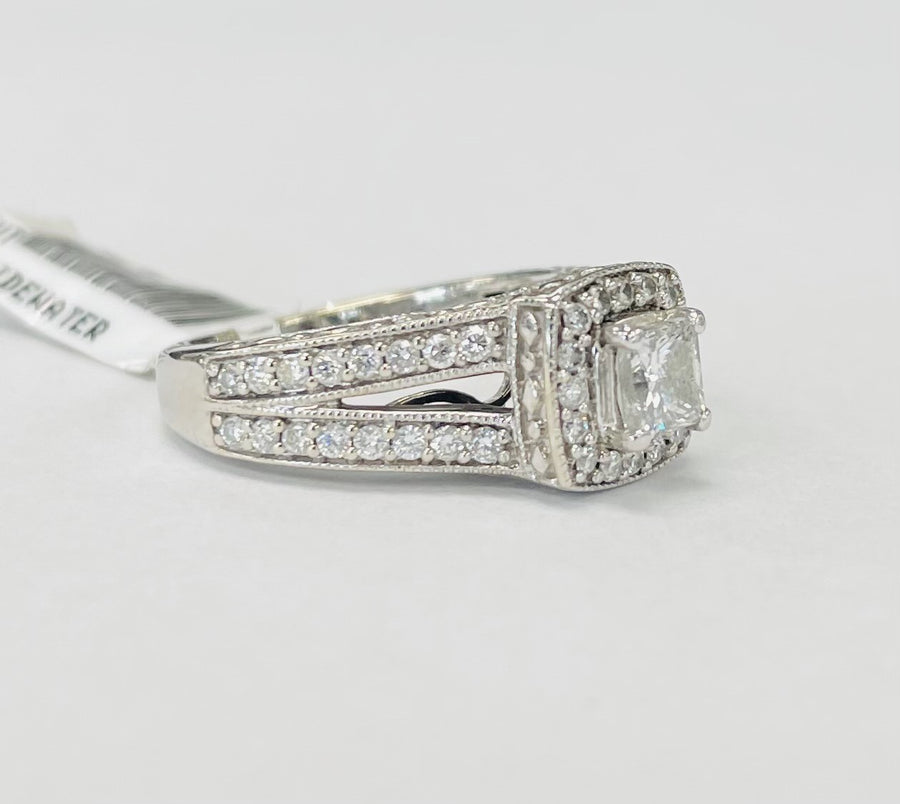 Princess Cut Halo Split Shank Accented 1CTW Diamond Engagement Ring