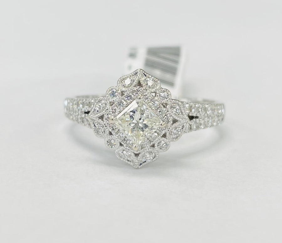 Princess Cut Double Halo Floral Style Diamond Engagement Ring