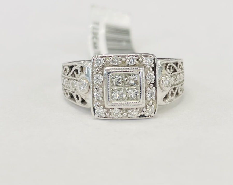 Princess Cut Quad Halo Floral Diamond Engagement Ring