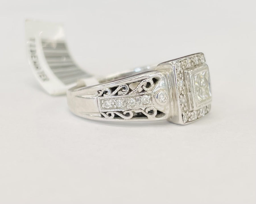 Princess Cut Quad Halo Floral Diamond Engagement Ring