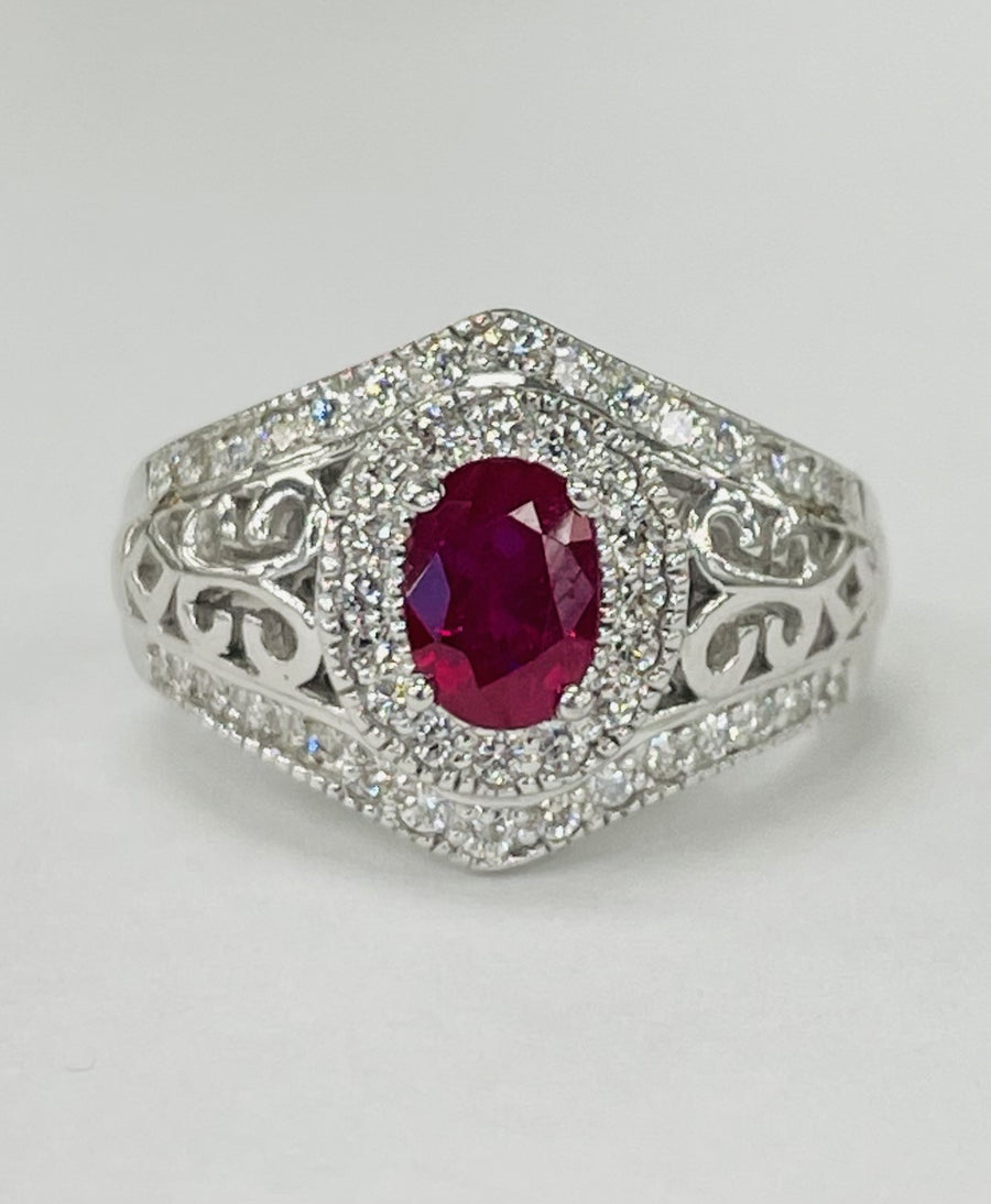 Vintage Inspired White Gold Oval Ruby Halo Diamond Ring
