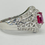 Vintage Inspired White Gold Oval Ruby Halo Diamond Ring