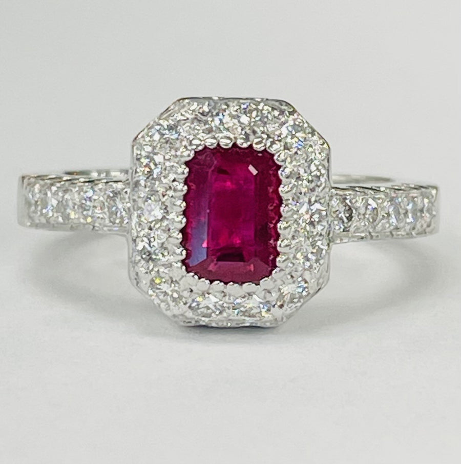 White Gold Emerald Cut Ruby Diamond Halo Estate Ring